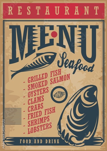 Seafood restaurant menu template on old paper texture