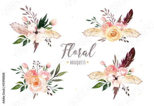 Fototapeta Naklejka Na Ścianę i Meble -  Hand drawing isolated boho watercolor floral illustration with leaves, branches, flowers. Bohemian greenery art in vintage style. Elements for wedding card.