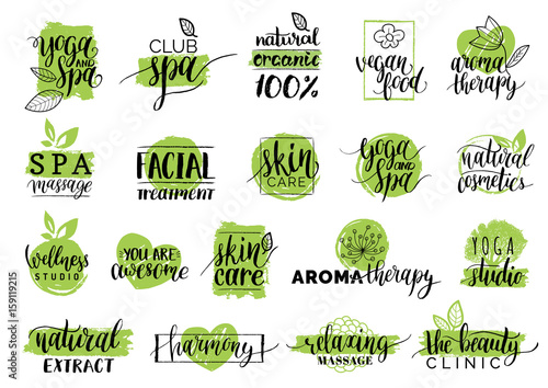 Vector health and beauty care labels. Spa,yoga centers badges. Wellness signs. Hand drawn tags set for organic cosmetics