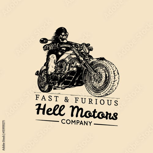 Fast And Furious advertising poster. Vector hand drawn skeleton rider on motorcycle. Vintage eternal biker illustration.