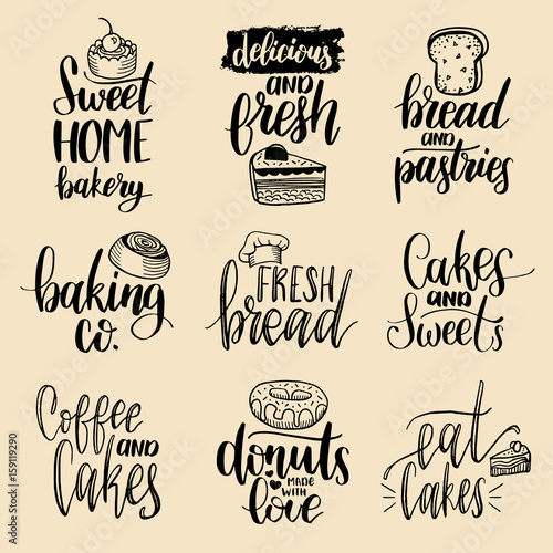 Vector set of vintage bakery hand lettering.Calligraphy collection with cookie Illustrations for print and web projects.