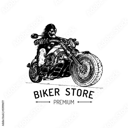 Biker Store advertising poster. Vector hand drawn skeleton rider on motorcycle. Vintage illustration for MC label etc.