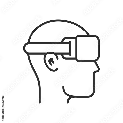 Virtual reality illustration. Head silhouette with VR headset in modern outline vector flat style. Line icon