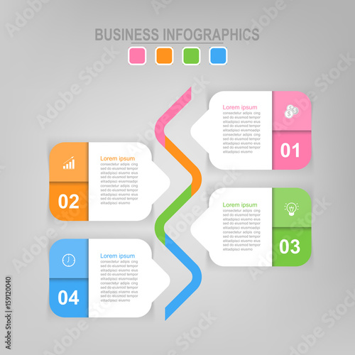 Infographic template of four steps on squares, tag banners point to line, flat design of business icon, vector