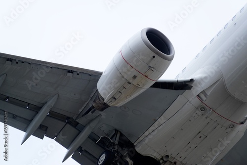 The underside of a modern airplane and its landing gear