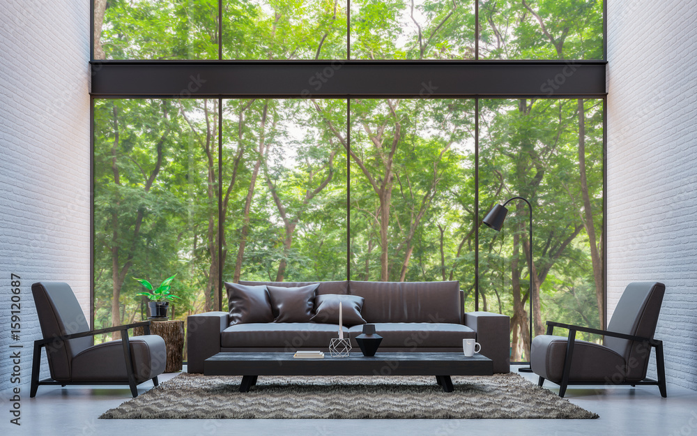Modern loft living room with nature view 3d rendering image Furnished ...