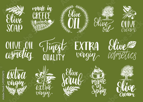 Vector hand lettering olive production signs.Sketched extra virgin oil illustrations set for farm,cosmetics produce etc.