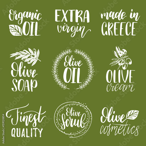 Vector hand lettering olive production signs.Sketched extra virgin oil illustrations set for farm,cosmetics produce etc.