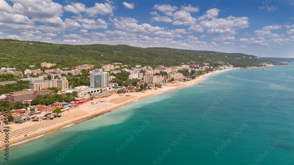 Aerial view of the beach and hotels in Golden Sands, Zlatni Piasaci. Popular summer resort near Varna, Bulgaria