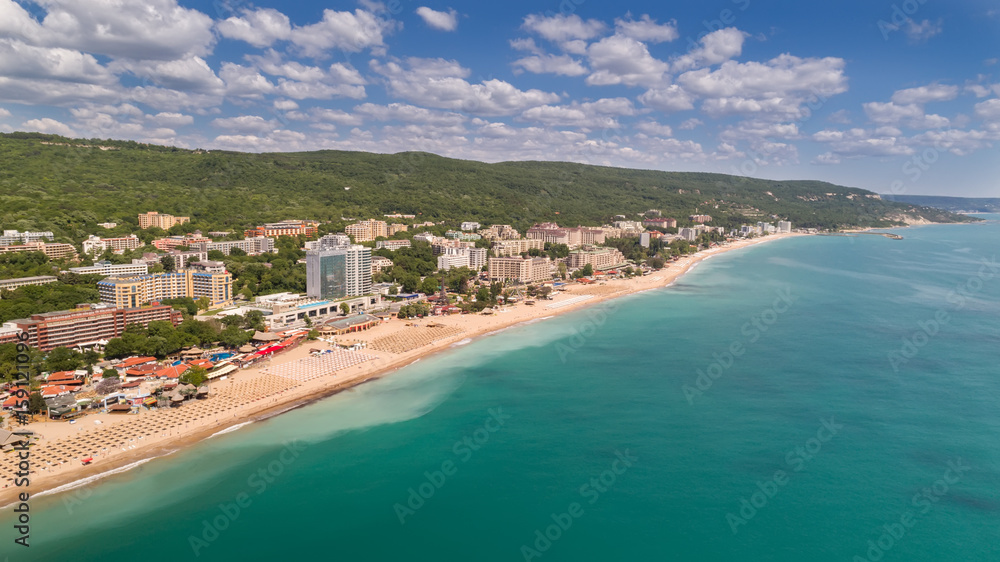 Fototapeta premium Aerial view of the beach and hotels in Golden Sands, Zlatni Piasaci. Popular summer resort near Varna, Bulgaria