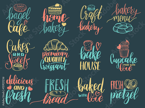 Vector set of vintage bakery hand lettering labels. Typography design,calligraphy collection with cookie Illustrations