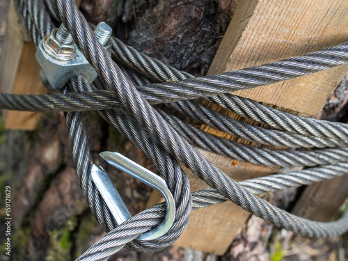steel slings cable tied around forest tree