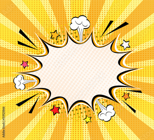 Comic empty speech bubble with space for your text, dots, stars and clouds. Vector bright dynamic cartoon illustration in retro pop art style on halftone background.