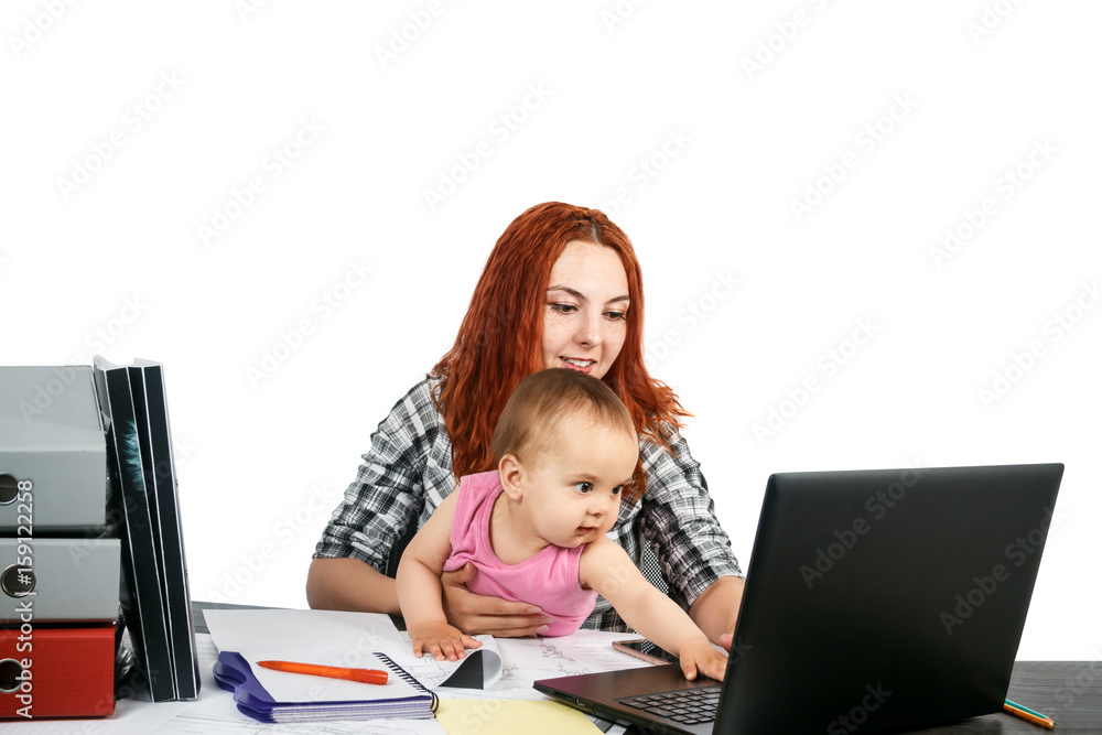 Lovely young working mother and her baby, Work Life Balance Concept, Isolated on White Background Lovely young working mother and her baby, Work Life Balance Concept, Isolated on White Background
