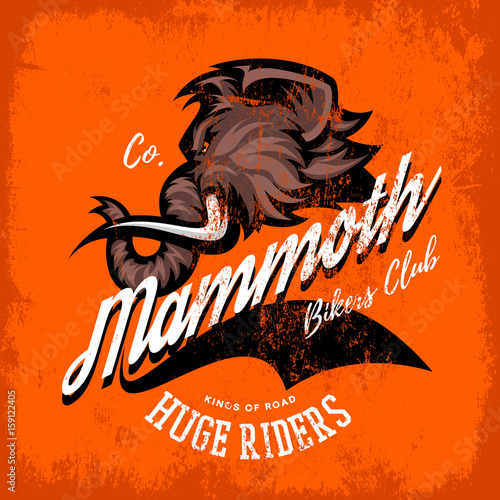Vintage furious woolly mammoth bikers gang club tee print vector design. Street wear t-shirt emblem. 
Premium quality wild animal superior mascot professional logo concept illustration.