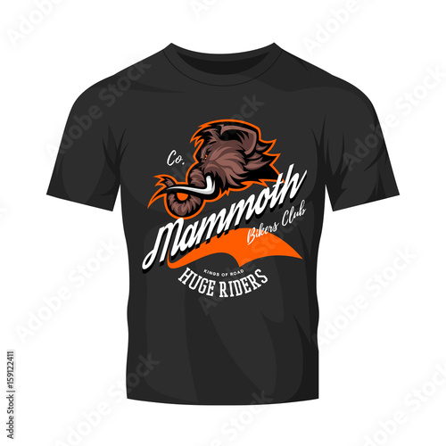 Furious woolly mammoth bikers gang club vector logo concept isolated on black t-shirt mock up.
Street wear professional mascot team badge design. Premium quality wild animal tee print illustration.