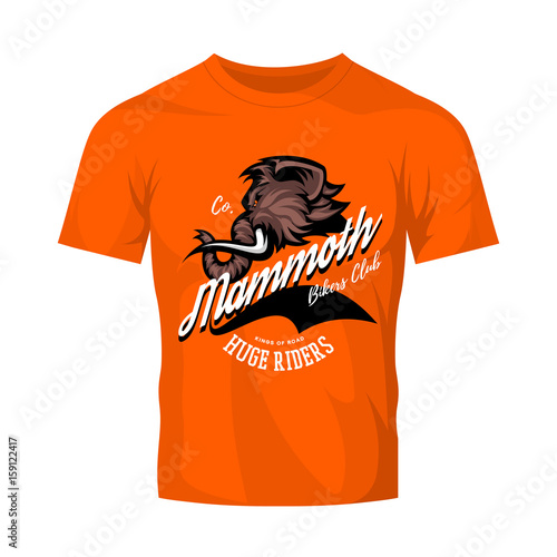 Furious woolly mammoth bikers gang club vector logo concept isolated on orange t-shirt mock up. 
Street wear professional mascot team badge design. Premium quality wild animal tee print illustration.
