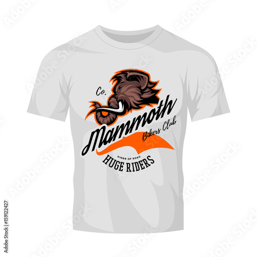Furious woolly mammoth bikers gang club vector logo concept isolated on white t-shirt mock up.
Street wear professional mascot team badge design. Premium quality wild animal tee print illustration.