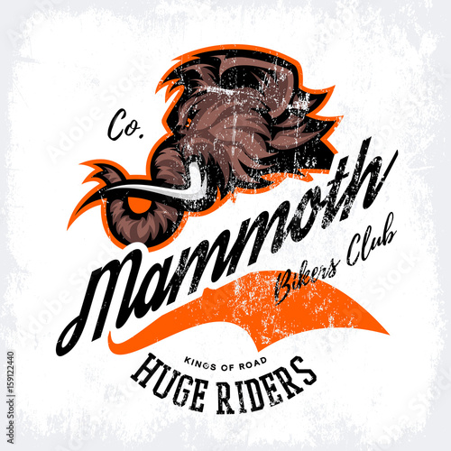 Vintage furious woolly mammoth bikers gang club tee print vector design. Street wear t-shirt emblem. 
Premium quality wild animal superior mascot professional logo concept illustration.