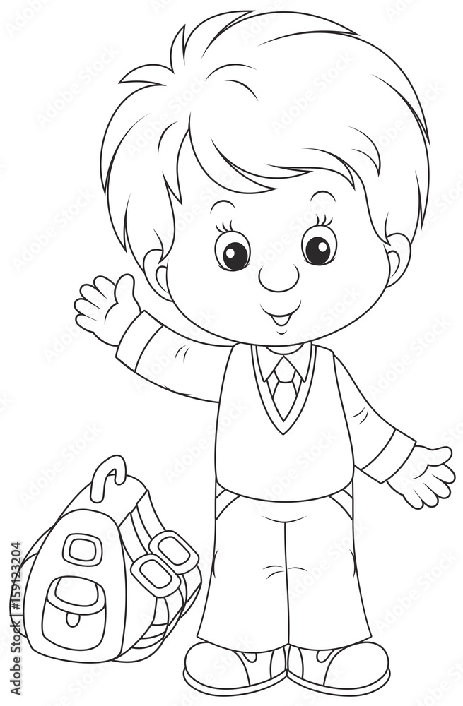 Obraz premium Little schoolboy smiling, standing with his schoolbag and waving in greeting