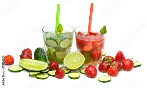 Refreshing drink with strawberry, lime and cucumber