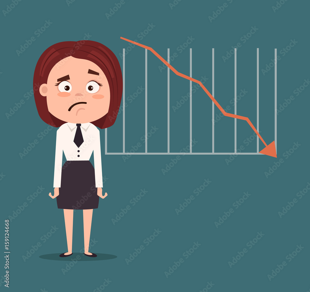 Sad unhappy manager office worker business woman with graph down. Financial  crisis. Vector flat cartoon illustration Stock Vector | Adobe Stock