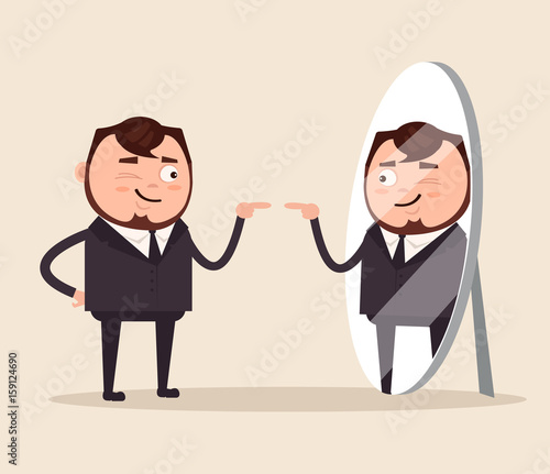 Happy smiling narcissistic businessman office worker character looks at mirror. Vector flat cartoon illustration