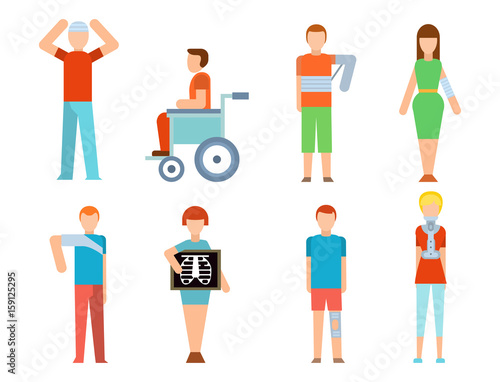 Trauma accident fracture human disabled people vector silhouette cartoon flat style illustration.