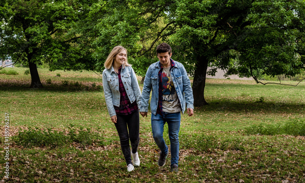Fototapeta premium Young couple walking in the park