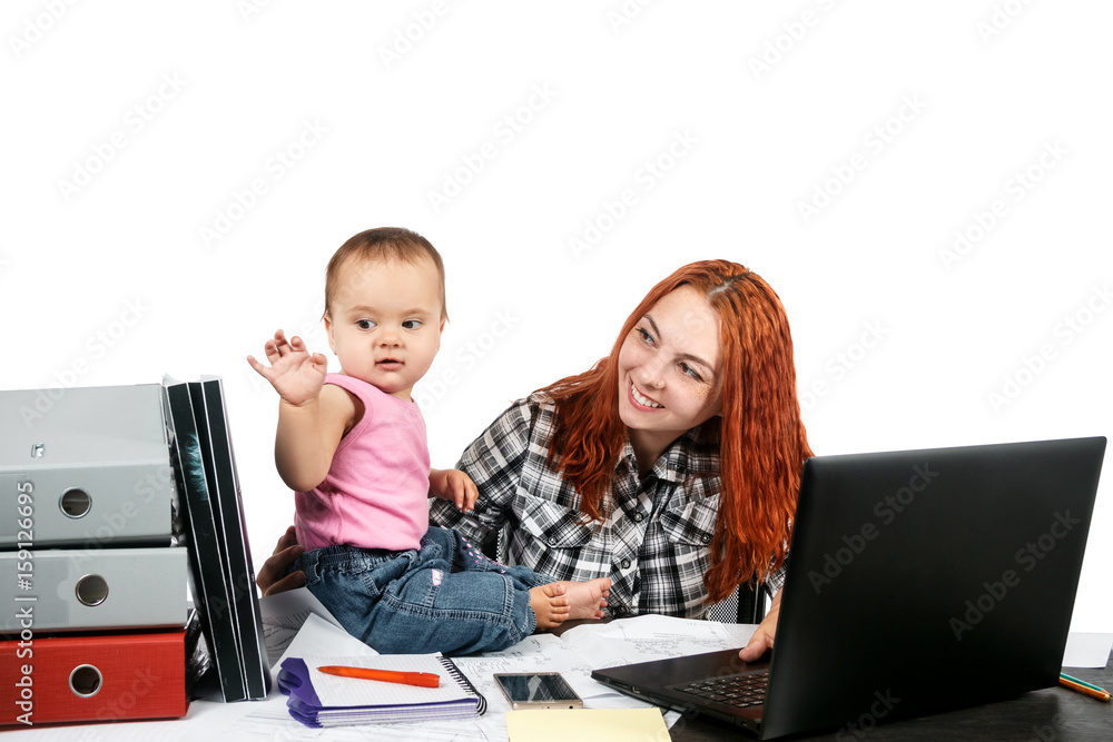 Lovely young working mother and her baby, Work Life Balance Concept ...