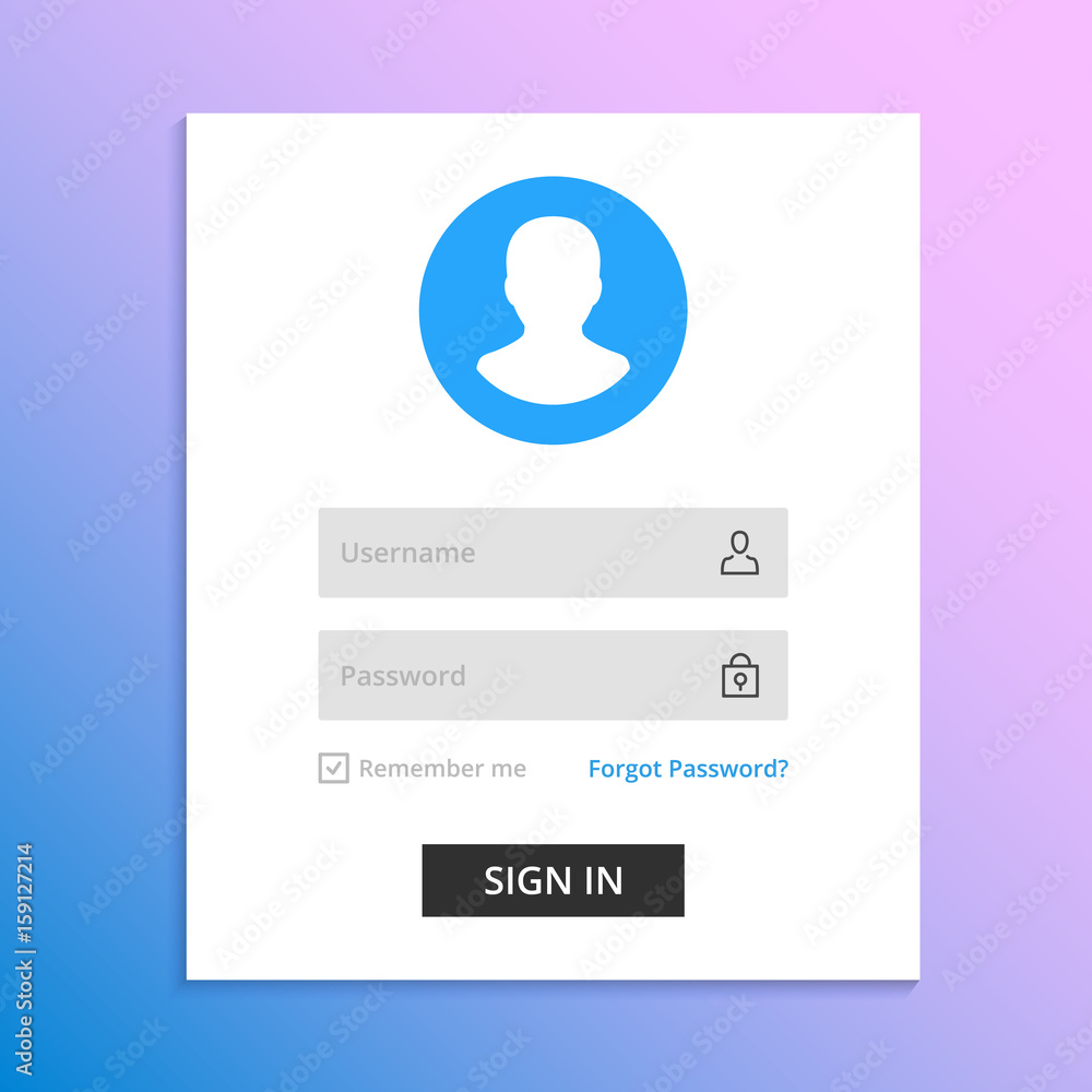 Vector login form page. Sign in to account concept. White login box with  shadow. Username, password fields. Modern clean design UI elements with  line icons. Premium quality. Trendy gradient background Stock Vector