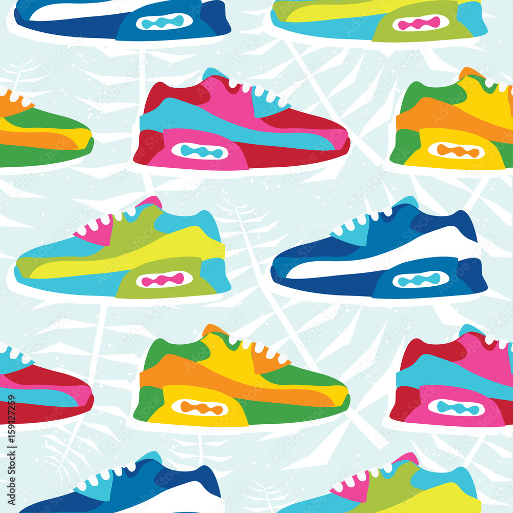 Hand drawn cartoon style hipster sneaker shoes vector seamless pattern