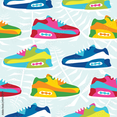 Hand drawn cartoon style hipster sneaker shoes vector seamless pattern