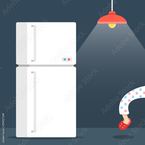 Night eating, night hunger concept. Dark room, ceiling lamp, refrigerator. Person sneaking into the fridge at night. Creative cartoon vector illustration