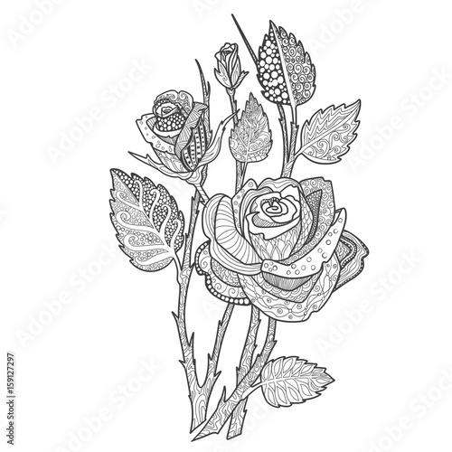 Download Rose Bouquet Coloring Book Page Doodle Decorative Ornamental Flowers For Printing On T Shirts Or Coloring Books Stock Vector Adobe Stock