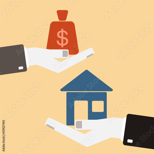 Real estate concept. Hands with house and money bag. Exchanging. Flat design style. Vector illustration.