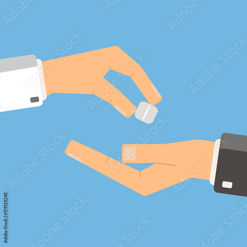 Doctor giving medicine pill to his patient. Healthcare concept. Vector illustration.