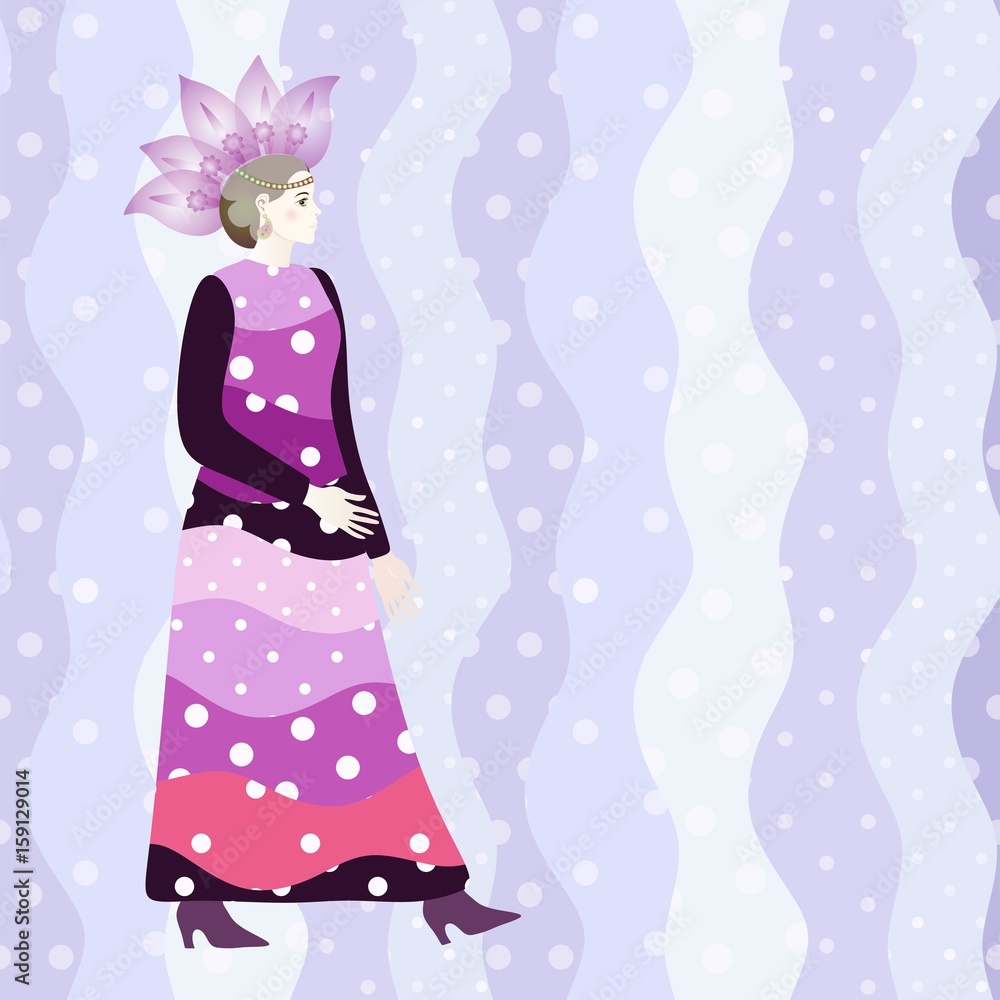 Abstract sketch girl model, dress, floral hat, pink polka dot wave background. Colorful vector design. Illustration for fashion of week.