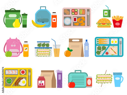 Big set of school lunch boxes for children.