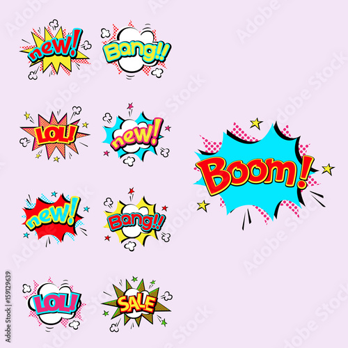Pop art comic speech bubble boom effects vector explosion bang communication cloud fun humor illustration