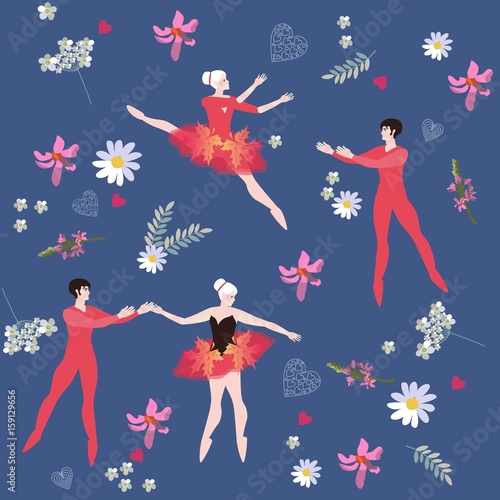 Endless pattern with ballet dancers and beautiful flowers. Vector design.