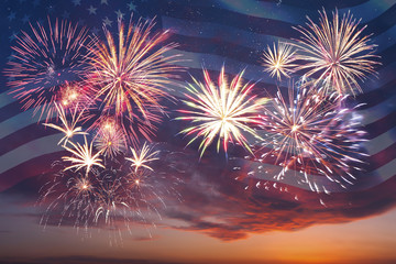 Fireworks and flag of America