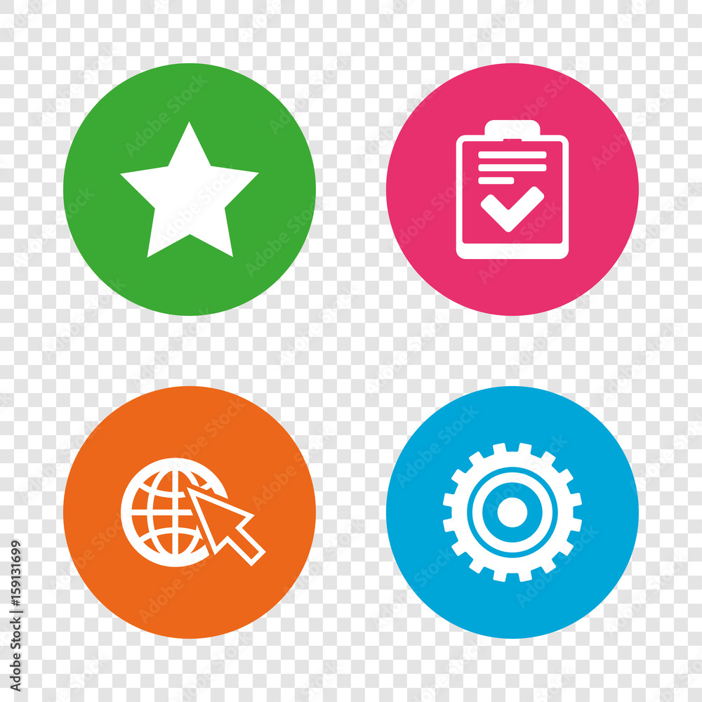 Star and globe signs. Checklist, gear. Star and globe signs. Checklist, gear.