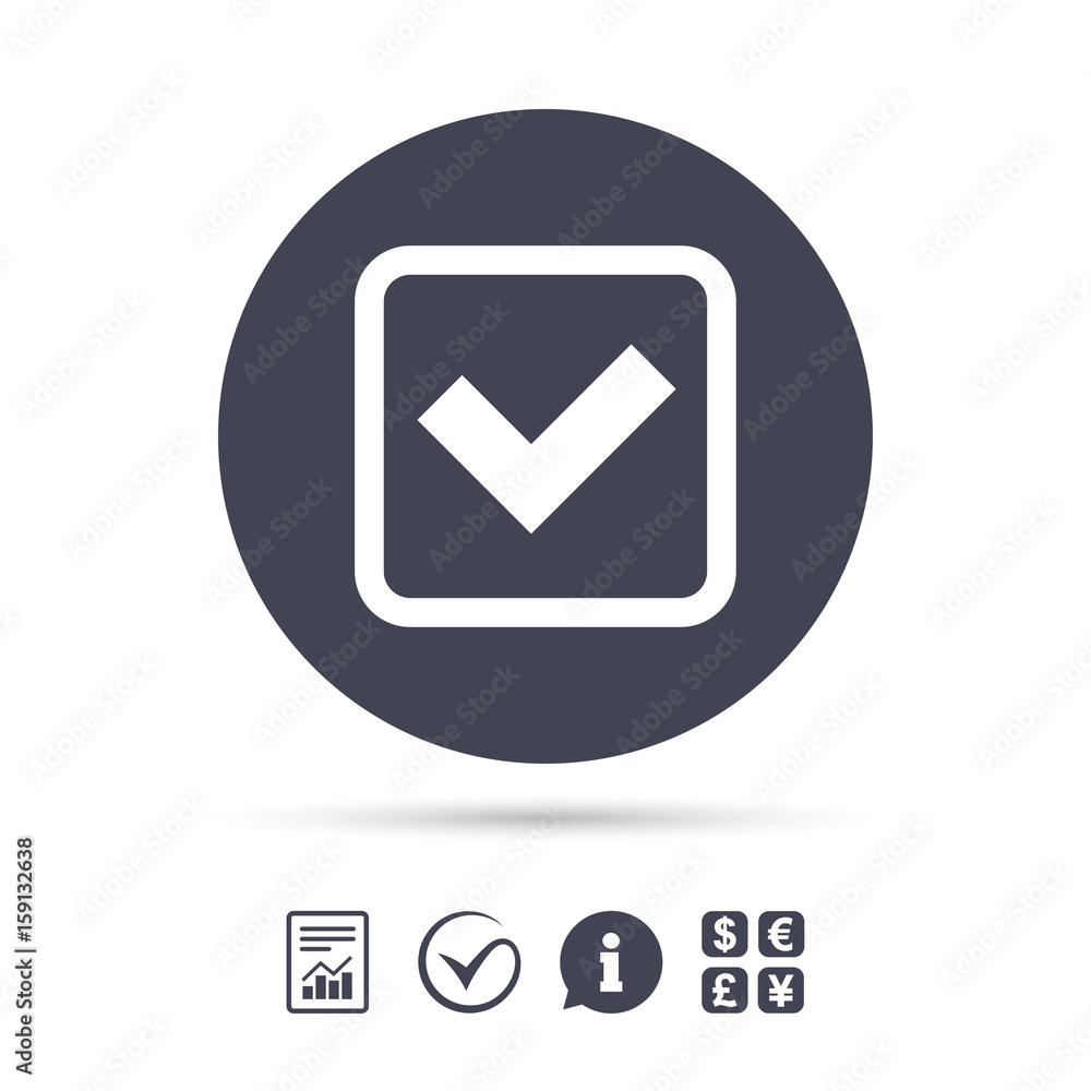 Check mark sign icon. Yes square symbol. Check mark sign icon. Yes square symbol.
