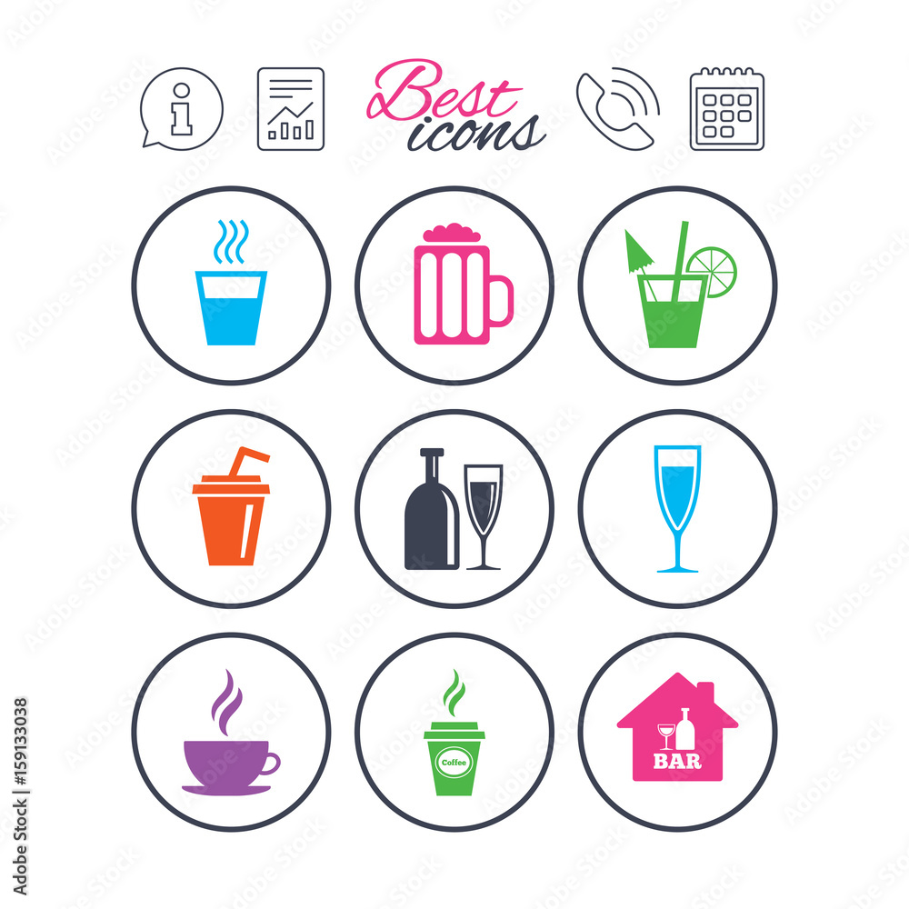 Cocktail, beer icons. Coffee and tea drinks. Cocktail, beer icons. Coffee and tea drinks.