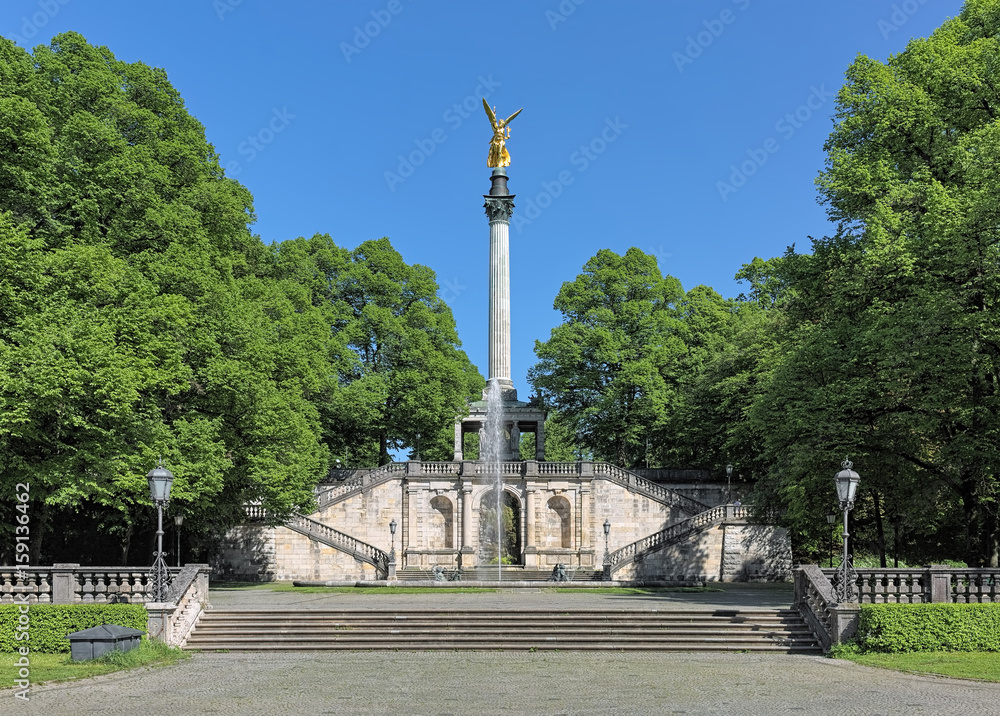 Angel of Peace monument in Munich, Germany. The foundation stone was laid in 1896 to commemorate the 25 peaceful years after the Franco-German war of 1870-1871. The monument was unveiled in 1899.
