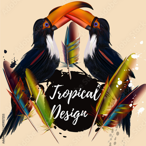 Beautiful tropical poster or banner with toucans and colorful feahters