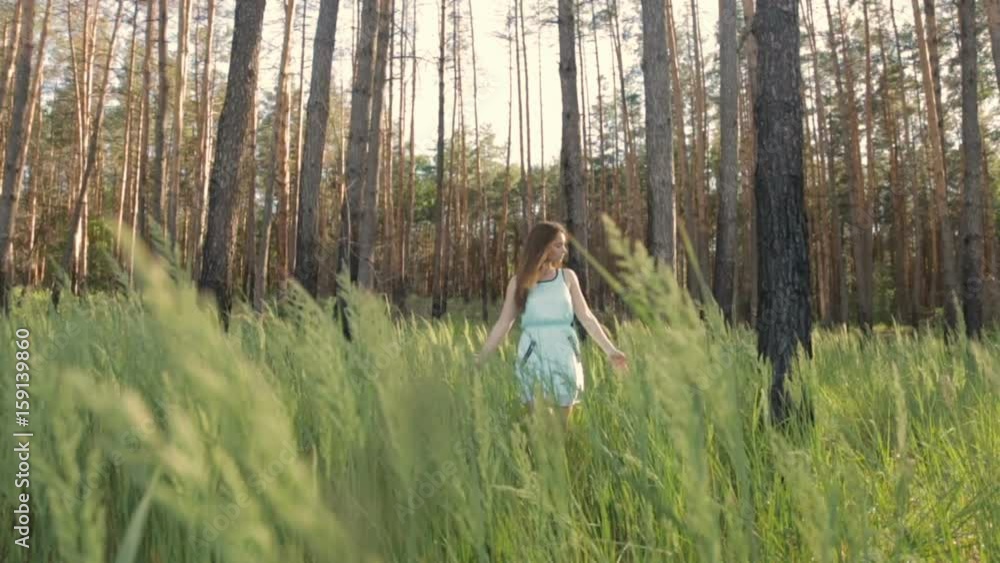 Girl in a blue summer dress in the forest Girl in a blue summer dress in the forest