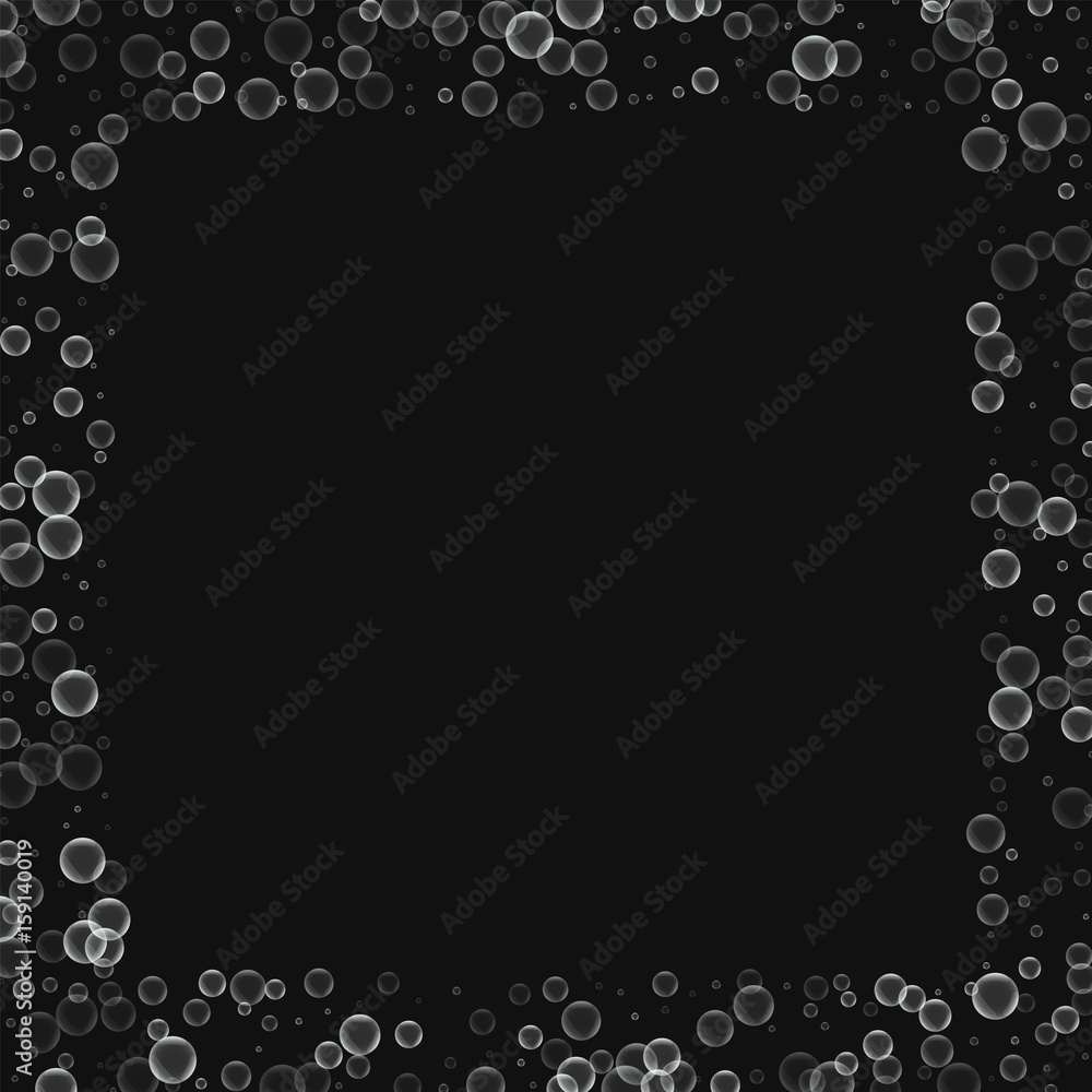 Soap bubbles. Square scattered border with soap bubbles on black background. Vector illustration. Soap bubbles. Square scattered border with soap bubbles on black background. Vector illustration.