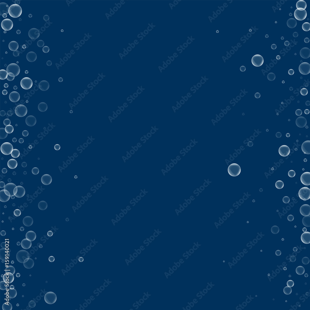 Soap bubbles. Messy border with soap bubbles on deep blue background. Vector illustration.